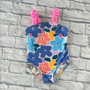 Floatimini Kids Swim One Piece with Blue and Pink Floral Design